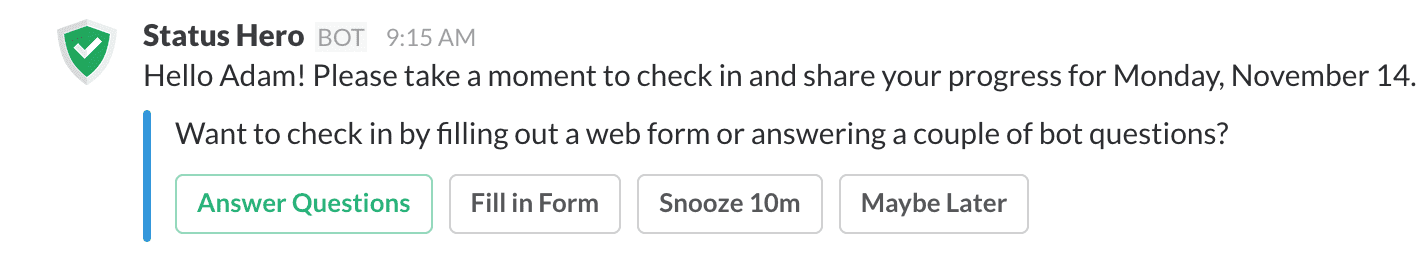 A Status Hero check-in prompt in Slack