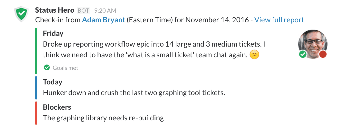 A Status Hero check-in in Slack